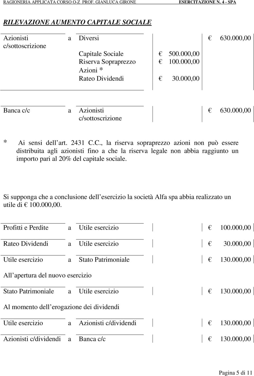 C., la riserva sopraprezzo azioni non può essere distribuita agli azionisti fino a che la riserva legale non abbia raggiunto un importo pari al 20% del capitale sociale.