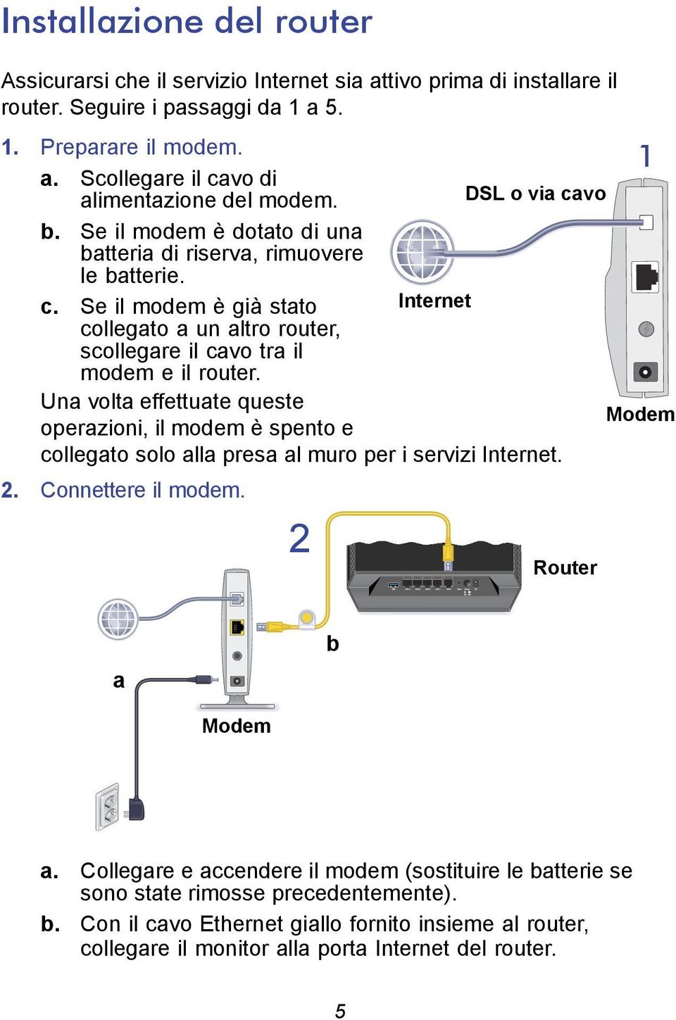 Una volta effettuate queste Modem operazioni, il modem è spento e collegato solo alla presa al muro per i servizi Internet. 2. Connettere il modem. 2 Router a b Modem a.