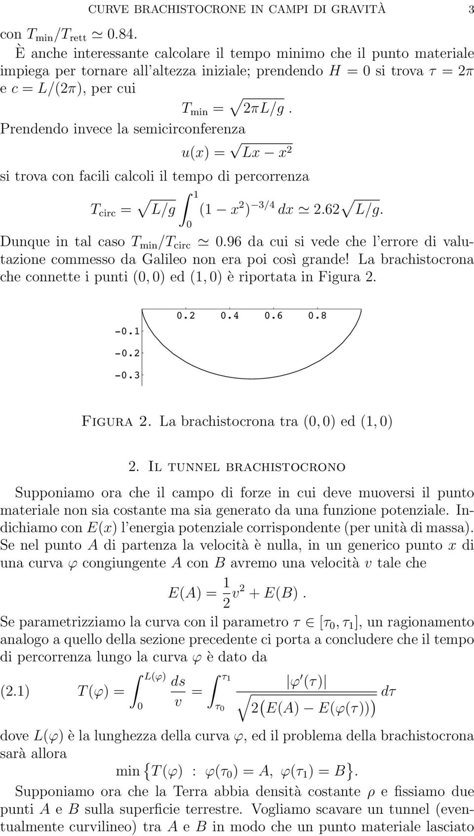 Prendendo invece la semicirconferenza u(x) = Lx x 2 si trova con facili calcoli il tempo di percorrenza T circ = L/g 1 (1 x 2 ) /4 dx 2.62 L/g. Dunque in tal caso T min /T circ.
