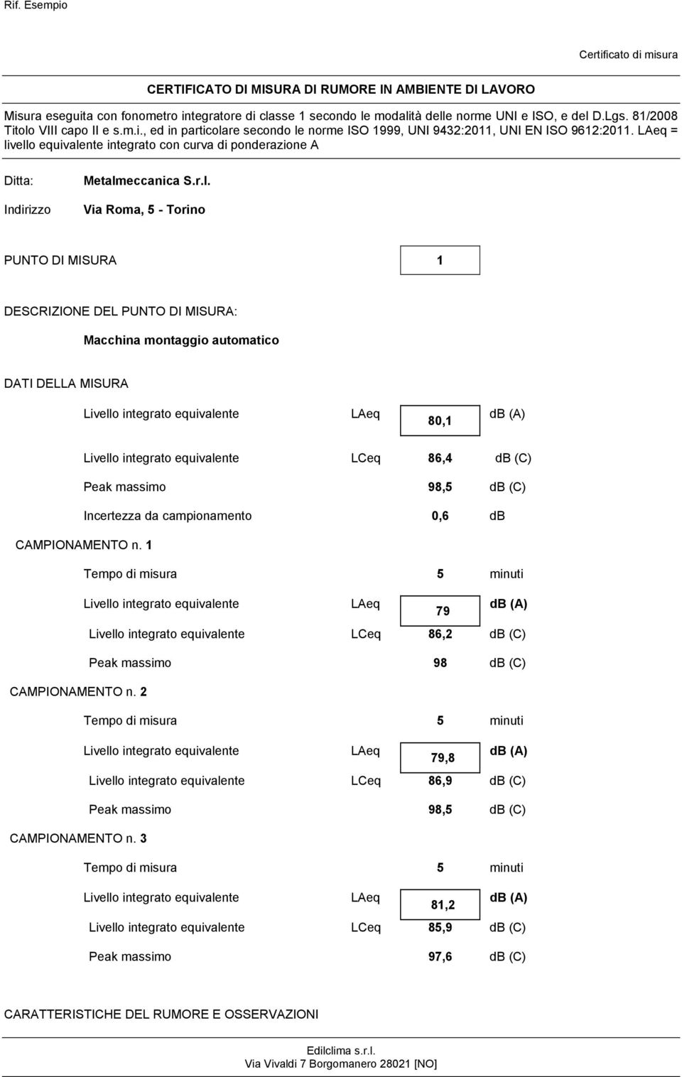 = livello equivalente integrato con curva di ponderazione A PUNTO DI MISURA 1 DESCRIZIONE DEL PUNTO DI MISURA: Macchina montaggio automatico DATI DELLA MISURA 80,1 LCeq 86,4 db (C) Peak massimo