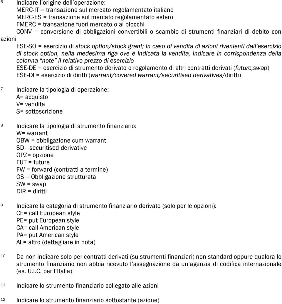 esercizio di stock option, nella medesima riga ove è indicata la vendita, indicare in corrispondenza della colonna note il relativo prezzo di esercizio ESE-DE = esercizio di strumento derivato o