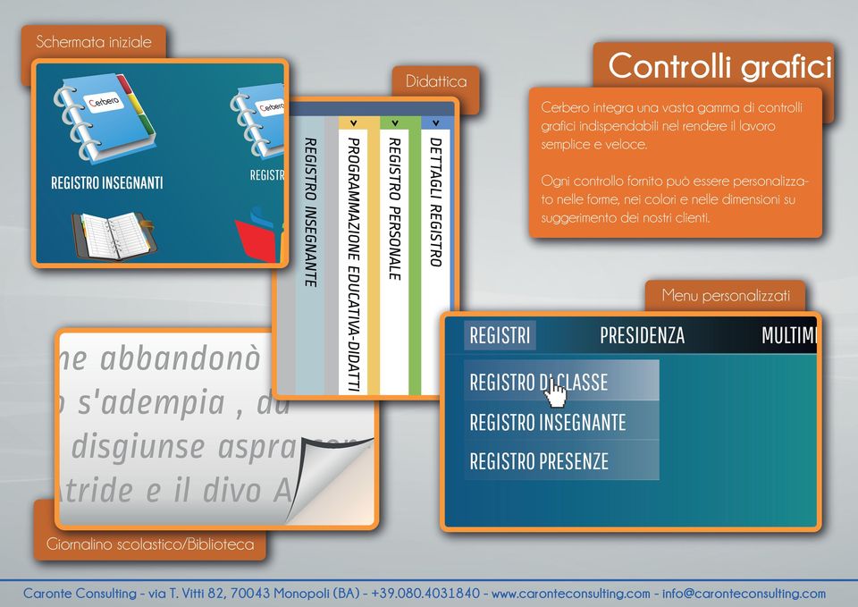 personalizzati REGISTRI PRESIDENZA MULTIMEDIA REGISTRO DI CLASSE REGISTRO INSEGNANTE REGISTRO PRESENZE Controlli grafici Cerbero integra una vasta gamma di controlli grafici indispendabili