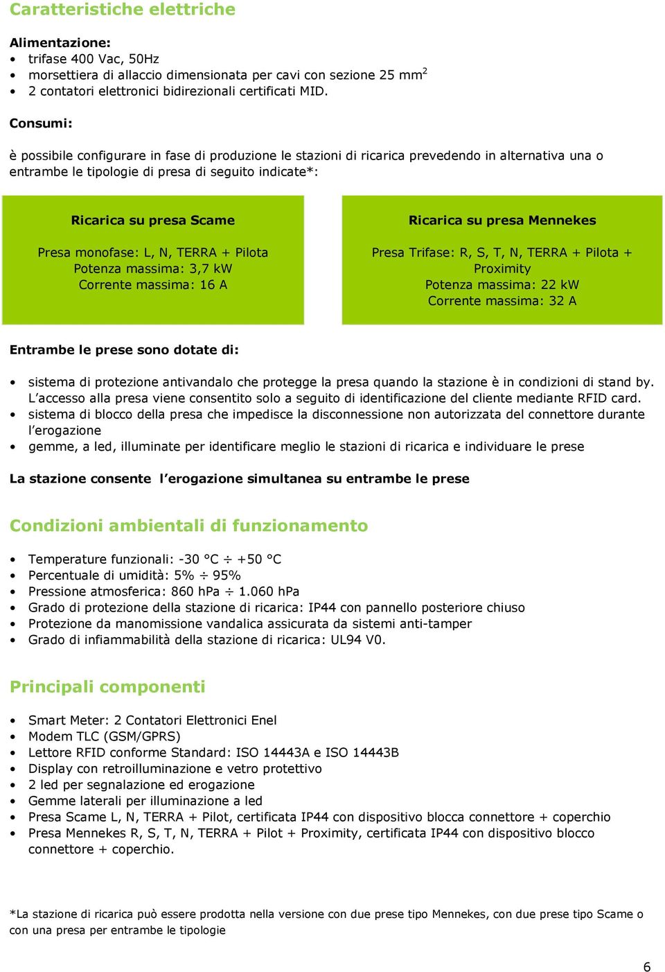 monofase: L, N, TERRA + Pilota Potenza massima: 3,7 kw Corrente massima: 16 A Ricarica su presa Mennekes Presa Trifase: R, S, T, N, TERRA + Pilota + Proximity Potenza massima: 22 kw Corrente massima: