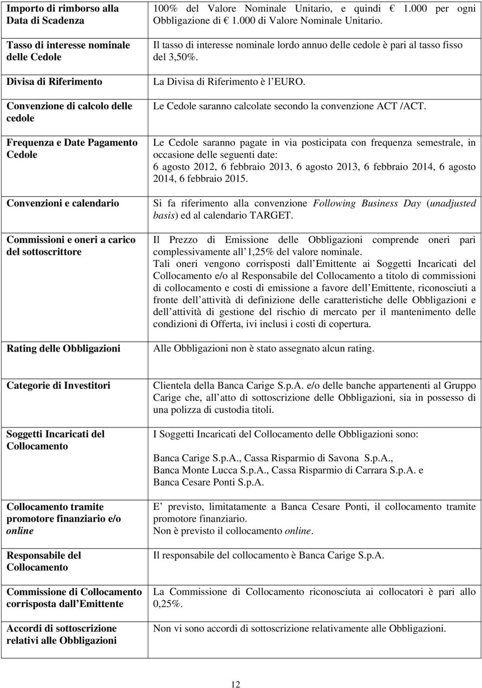 Il tasso di interesse nominale lordo annuo delle cedole è pari al tasso fisso del 3,50%. La Divisa di Riferimento è l EURO. Le Cedole saranno calcolate secondo la convenzione ACT /ACT.