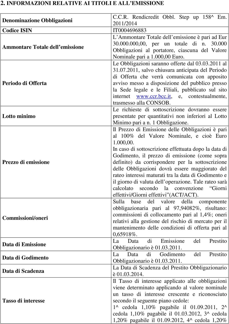 30.000 Obbligazioni al portatore, ciascuna del Valore Nominale pari a 1.000,00 Euro. Le Obbligazioni saranno offerte dal 03.03.2011 al 31.07.