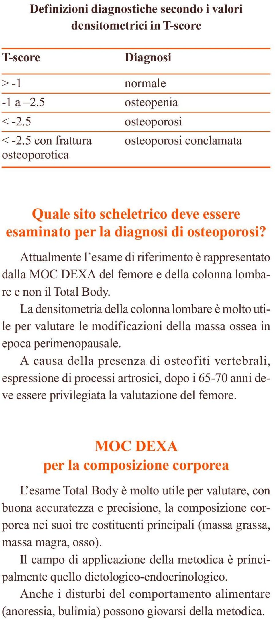 Attualmente l esame di riferimento è rappresentato dalla MOC DEXA del femore e della colonna lombare e non il Total Body.