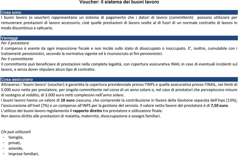 Vantaggi Per il prestatore Il compenso è esente da ogni imposizione fiscale e non incide sullo stato di disoccupato o inoccupato.