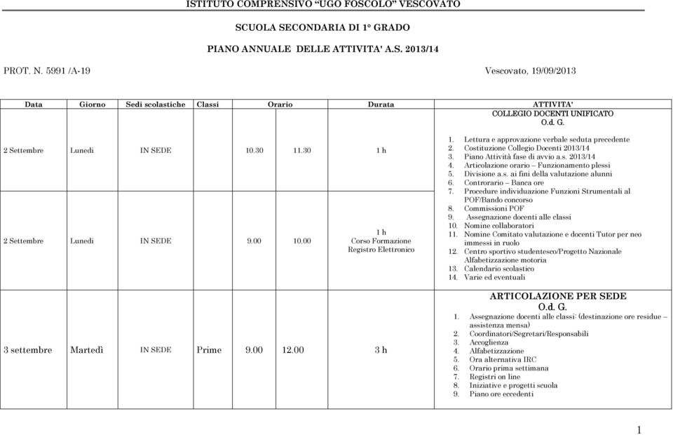 00 Corso Formazione Registro Elettronico 3 settembre Martedì N SEDE Prime 9.00 12.00 3 h 1. Lettura e approvazione verbale seduta precedente 2. Costituzione Collegio Docenti 2013/14 3.