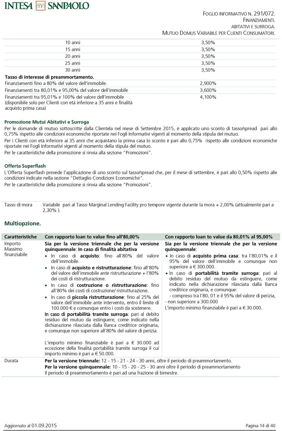 finalità acquisto prima casa) FOGLIO INFORMATIVO N. 291/072.