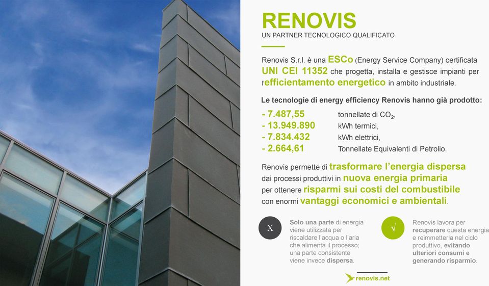 Le tecnologie di energy efficiency Renovis hanno già prodotto: - 7.487,55 tonnellate di CO 2, - 13.949.890 kwh termici, - 7.834.432 kwh elettrici, - 2.664,61 Tonnellate Equivalenti di Petrolio.