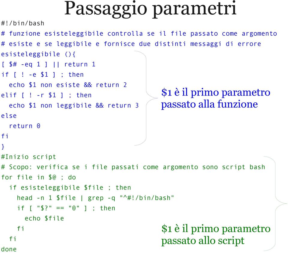 -r $1 ] ; then echo $1 non leggibile && return 3 else fi } return 0 #Inizio script # Scopo: verifica se i file passati come argomento sono script bash for file in