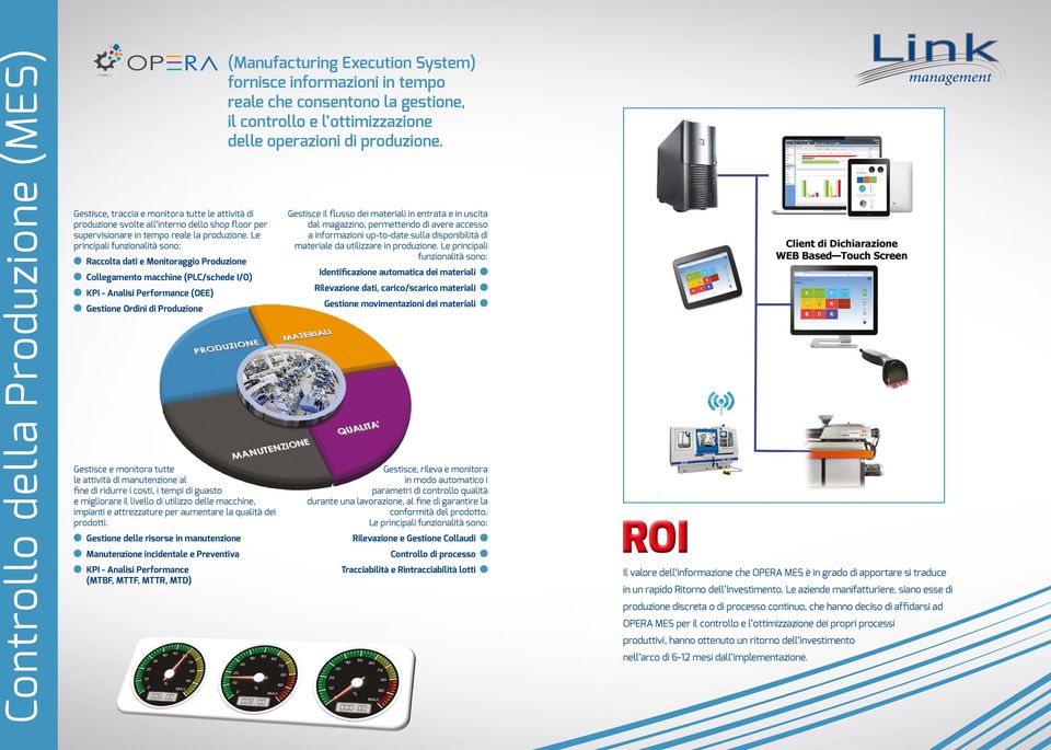 Le principali funzionalità sono: Raccolta dati e Monitoraggio Produzione Collegamento macchine (PLC/schede I/O) KPI - Analisi Performance (OEE) Gestione Ordini di Produzione Gestisce e monitora tutte