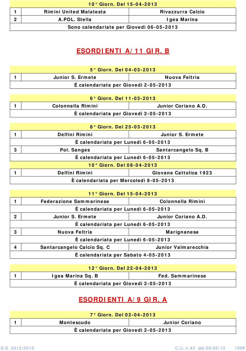 Del 25-03-2013 1 Delfini Rimini Junior S. Ermete È calendariata per Lunedì 6-05-2013 3 Pol. Sanges Santarcangelo Sq. B È calendariata per Lunedì 6-05-2013 10 Giorn.