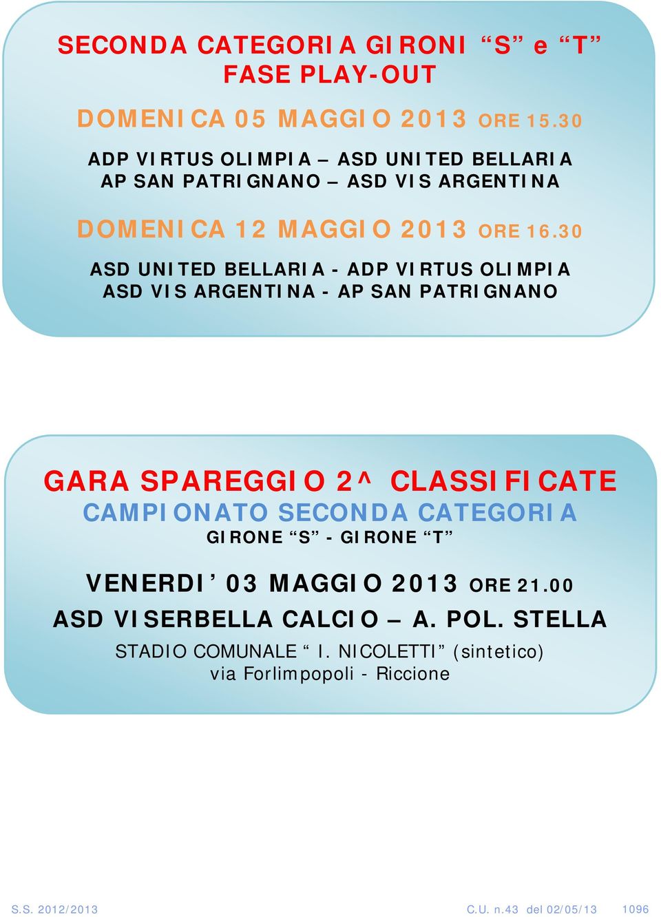 30 ASD UNITED BELLARIA - ADP VIRTUS OLIMPIA ASD VIS ARGENTINA - AP SAN PATRIGNANO GARA SPAREGGIO 2^ CLASSIFICATE CAMPIONATO SECONDA