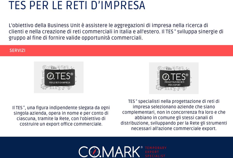 SERVIZI Il TES, una figura indipendente slegata da ogni singola azienda, opera in nome e per conto di ciascuna, tramite la Rete, con l'obiettivo di costruire un export office