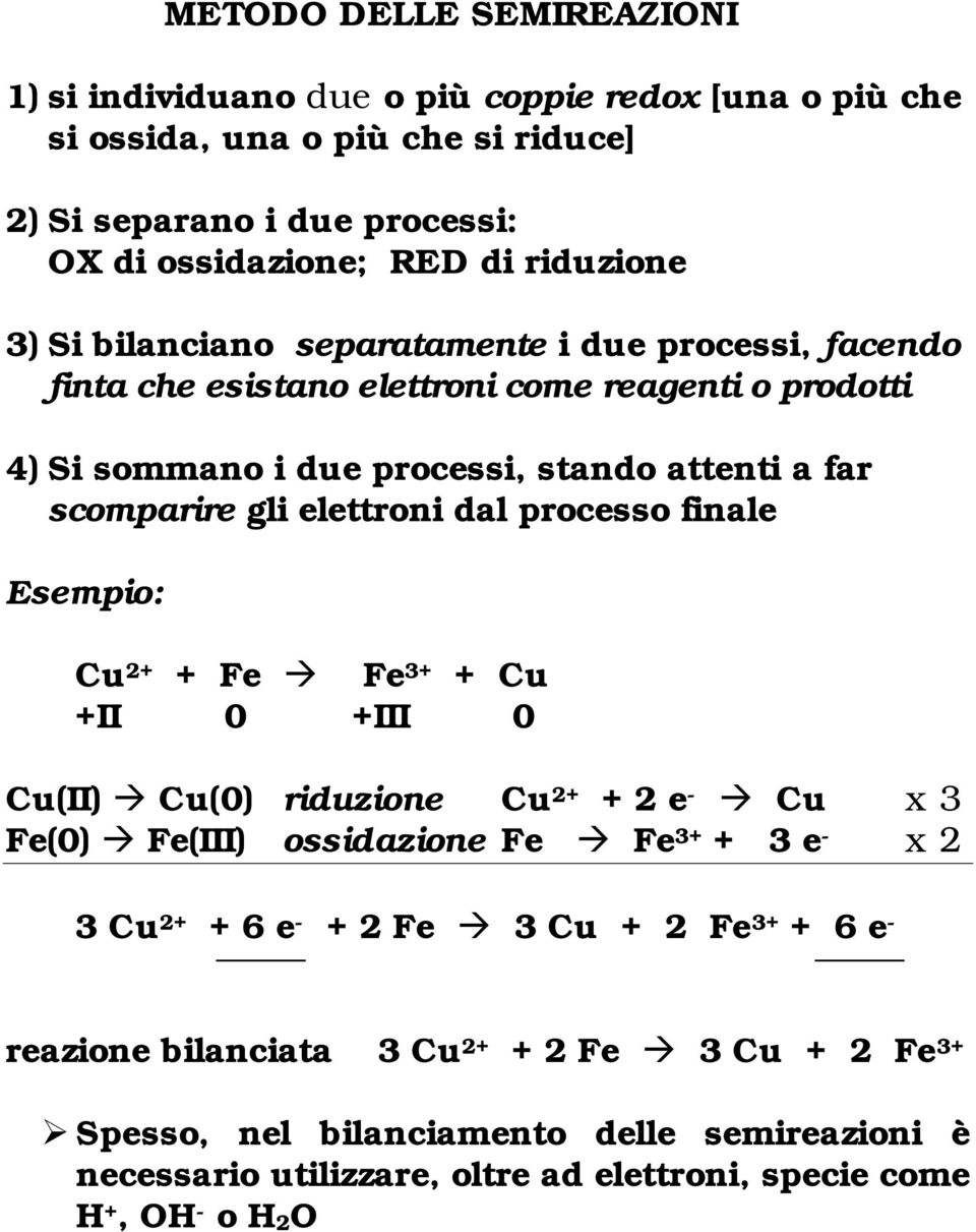 dal processo finale Esempio: Cu 2+ + Fe Fe 3+ + Cu +II 0 +III 0 Cu(II) Cu(0) riduzione Cu 2+ + 2 e - Cu x 3 Fe(0) Fe(III) ossidazione Fe Fe 3+ + 3 e - x 2 3 Cu 2+ + 6 e - + 2 Fe 3 Cu +