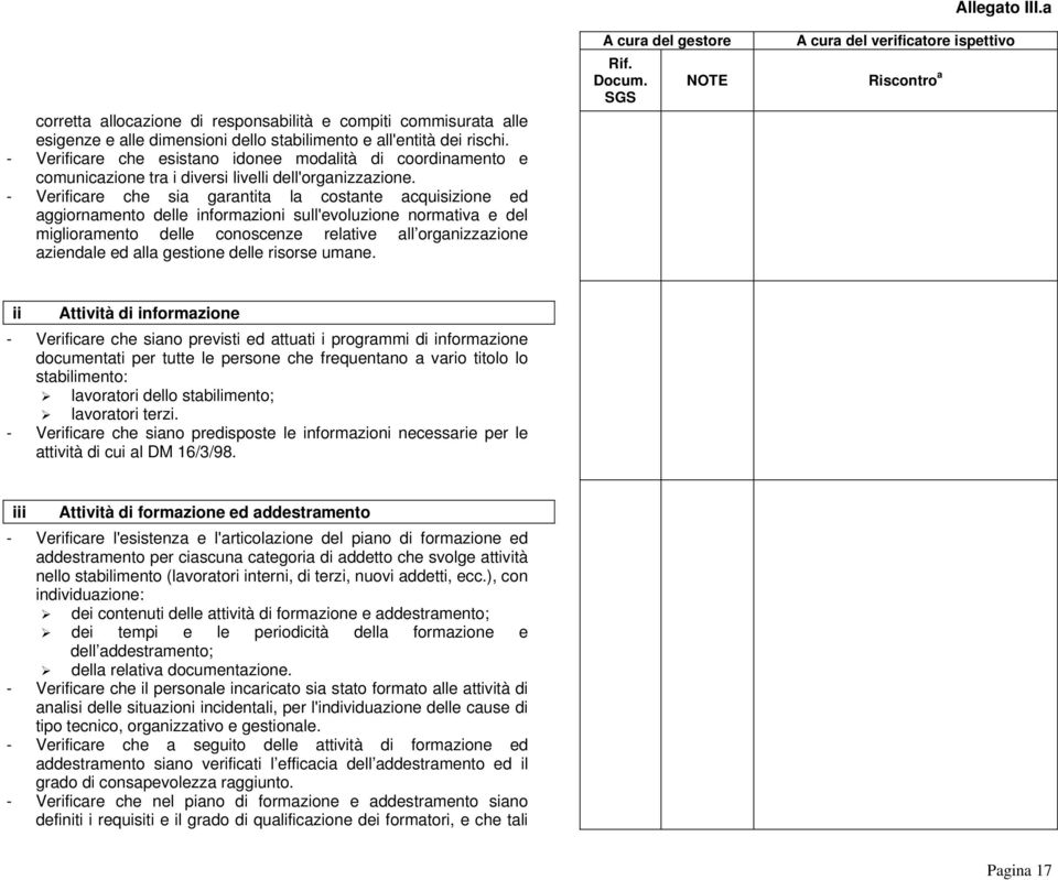 - Verificare che sia garantita la costante acquisizione ed aggiornamento delle informazioni sull'evoluzione normativa e del miglioramento delle conoscenze relative all organizzazione aziendale ed