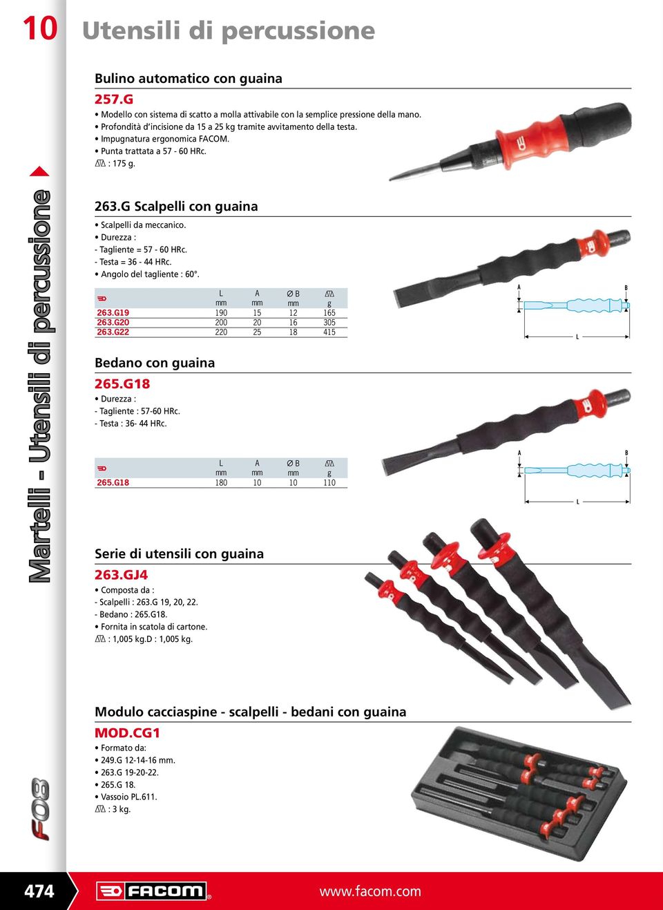 G Scalpelli con guaina Scalpelli da meccanico. urezza : - Tagliente = 57-60 HRc. - Testa = 36-44 HRc. Angolo del tagliente : 60. L A d B mm mm mm g 263.G19 190 15 12 165 263.G20 200 20 16 305 263.