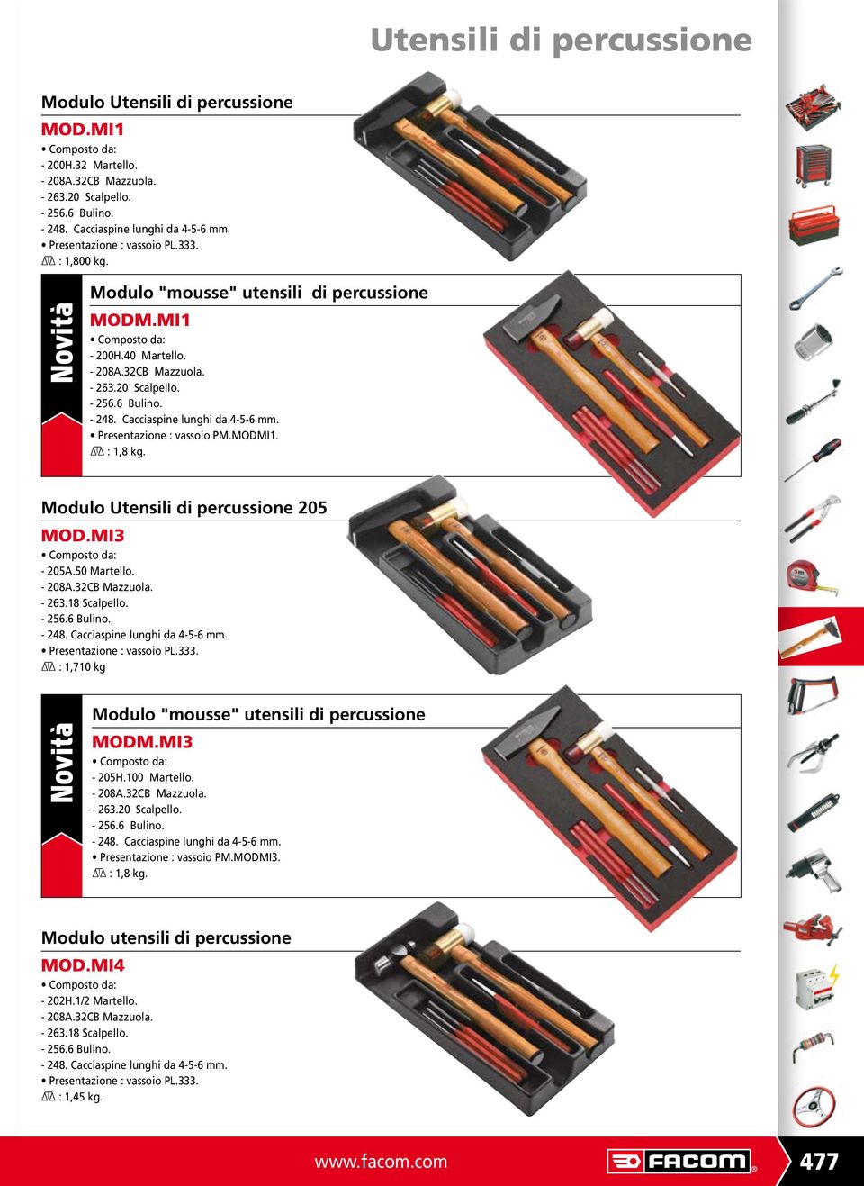 Cacciaspine lunghi da 4-5-6 mm. Presentazione : vassoio PM.MOMI1. : 1,8 kg. Modulo Utensili di percussione 205 MO.MI3 Composto da: - 205A.50 Martello. - 208A.32CB Mazzuola. - 263.18 Scalpello. - 256.