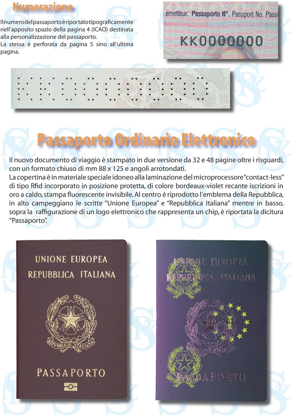 Passaporto Ordinario Elettronico Il nuovo documento di viaggio è stampato in due versione da 32 e 48 pagine oltre i risguardi, con un formato chiuso di mm 88 x 125 e angoli arrotondati.