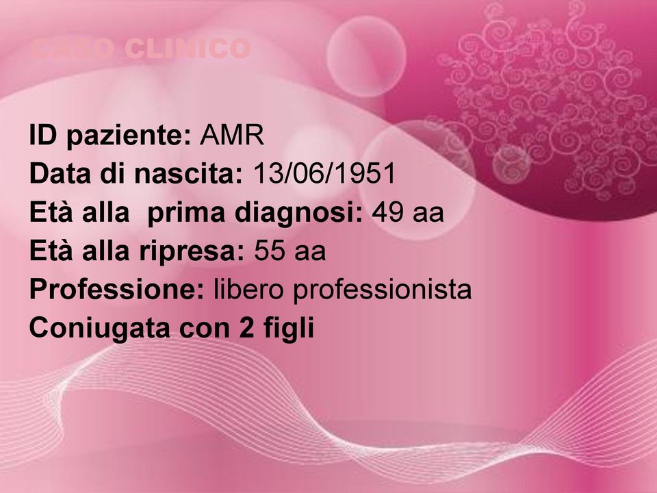 diagnosi: 49 aa Età alla ripresa: 55 aa