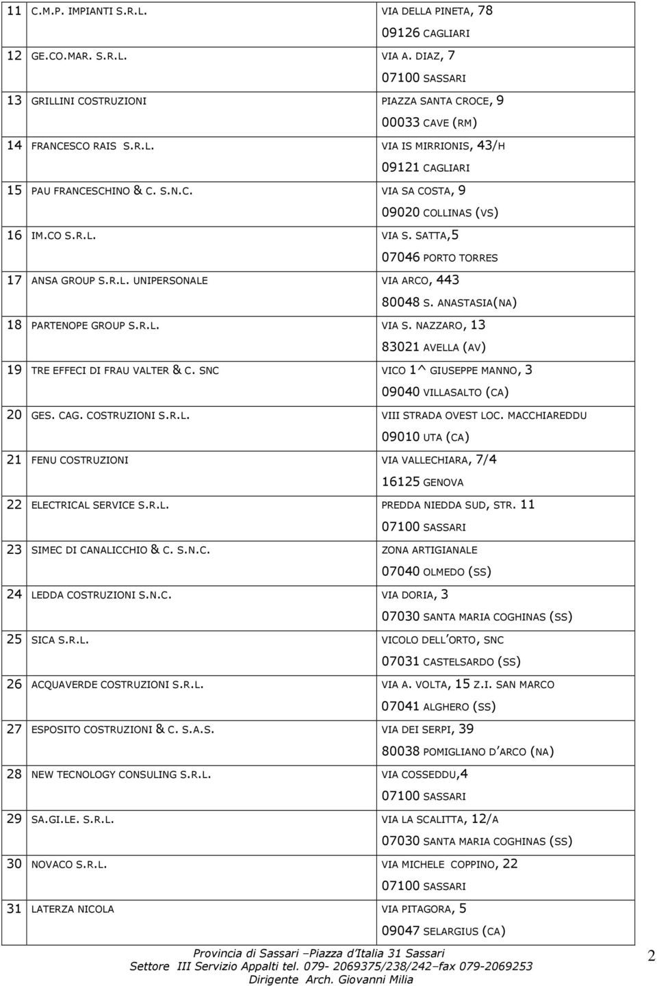 SNC VICO 1^ GIUSEPPE MANNO, 3 09040 VILLASALTO (CA) 20 GES. CAG. COSTRUZIONI S.R.L. VIII STRADA OVEST LOC.