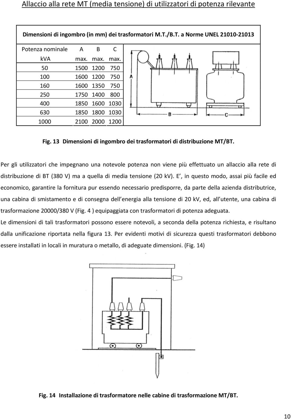 13 Dimensioni di ingombro dei trasformatori di distribuzione MT/BT.