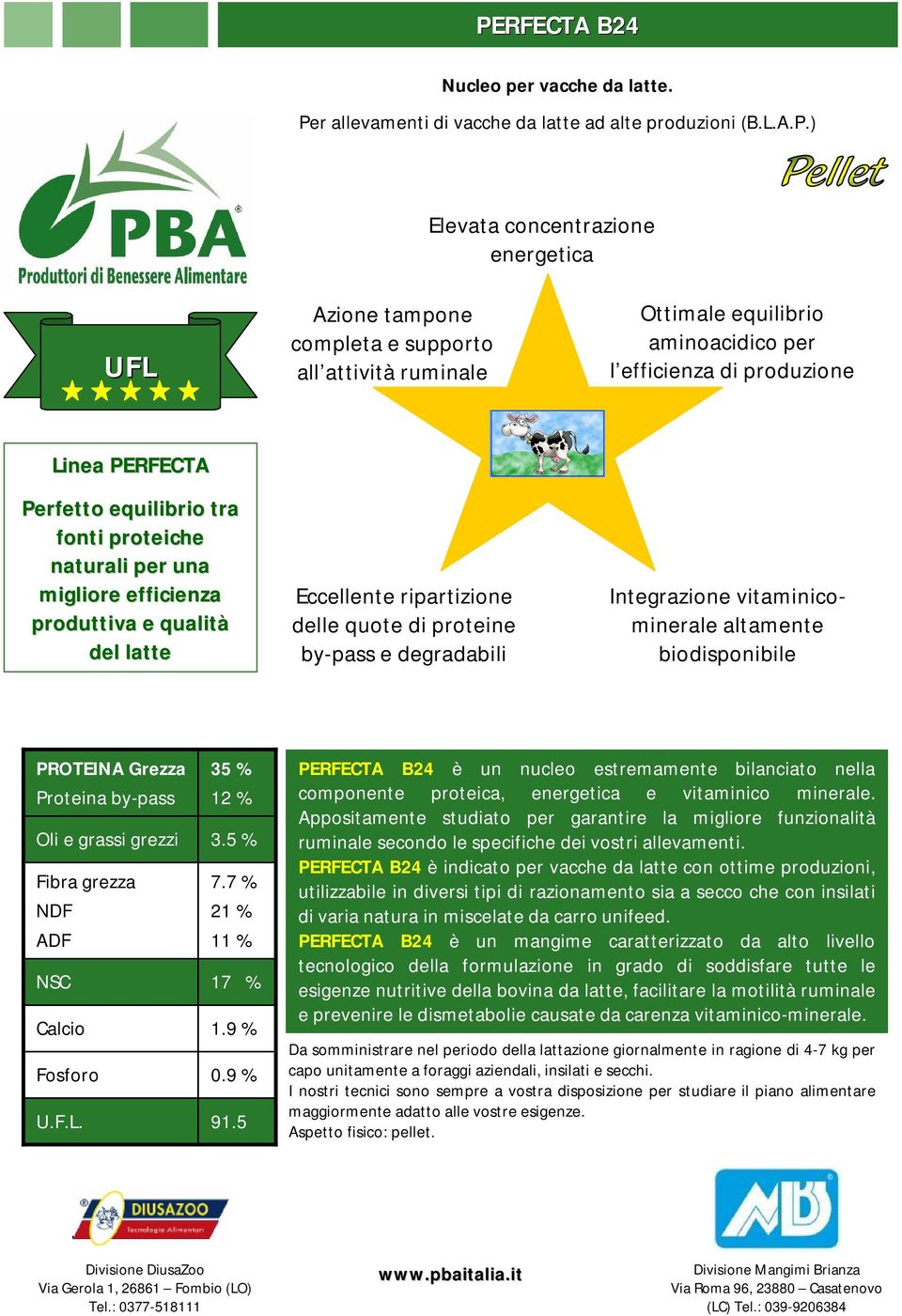 ripartizione delle quote di proteine by-pass e degradabili Integrazione vitaminicominerale altamente biodisponibile PROTEINA Grezza 35 % 12 % 3.5 % 7.7 % 21 % 11 % 17 % 1.9 % 0.9 % 91.