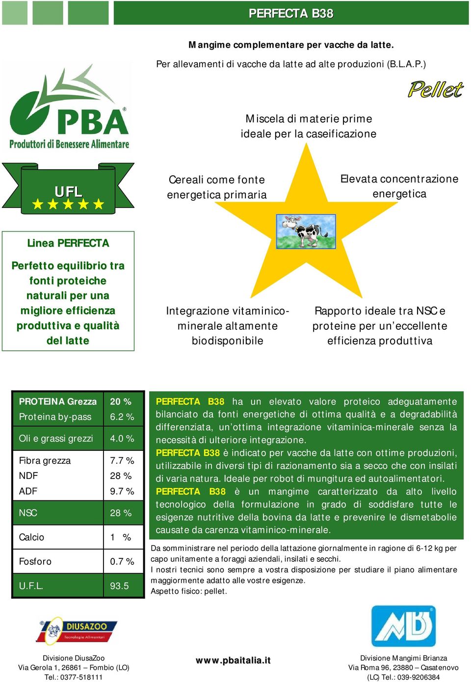 vitaminicominerale altamente biodisponibile Rapporto ideale tra e proteine per un eccellente efficienza produttiva PROTEINA Grezza 20 % 6.2 % 4.0 % 7.7 % 28 % 9.7 % 28 % 1 % 0.7 % 93.