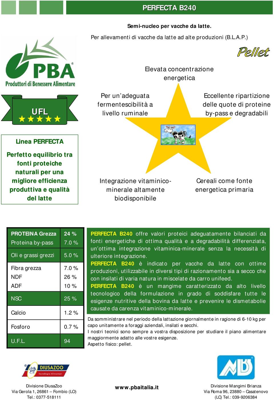 Integrazione vitaminicominerale altamente biodisponibile Cereali come fonte energetica primaria PROTEINA Grezza 24 % 7.0 % 5.0 % 7.0 % 26 % 10 % 25 % 1.2 % 0.