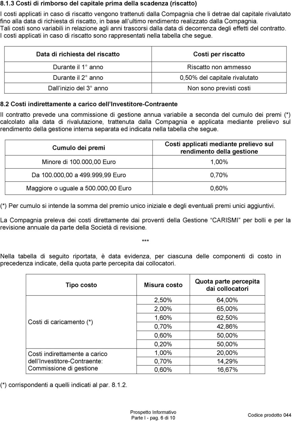 I costi applicati in caso di riscatto sono rappresentati nella tabella che segue.