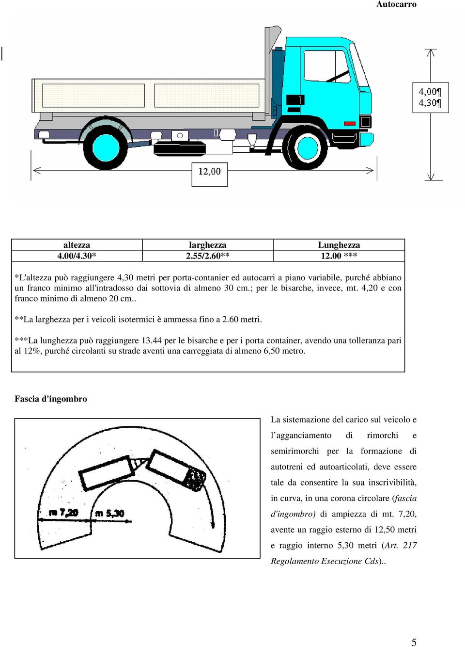 44 per le bisarche e per i porta container, avendo una tolleranza pari al 12%, purché circolanti su strade aventi una carreggiata di almeno 6,50 metro.