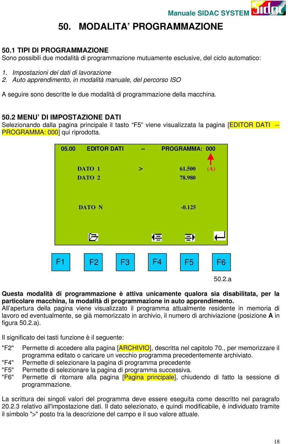 2 MENU DI IMPOSTAZIONE DATI Selezionando dalla pagina principale il tasto F5 viene visualizzata la pagina [EDITOR DATI -- PROGRAMMA: 000] qui riprodotta. 05.