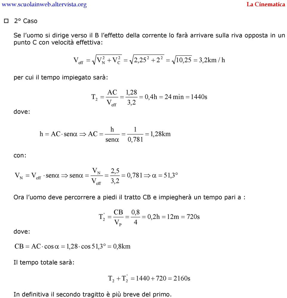 N,5 eff senα senα 0,78 α 5, 3 3, eff Or l uomo deve percorrere piedi il trtto CB e impiegherà un tempo pri : dove: ' CB 0,8 T