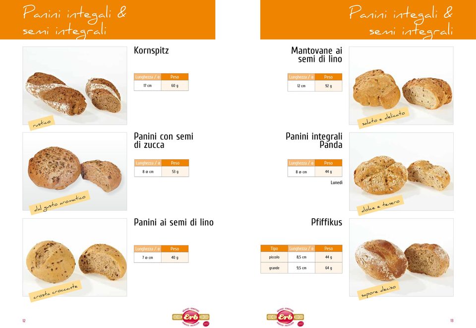 delicato 8 ø cm 53 g 8 ø cm 44 g Lunedì dal gusto aromatico dolce e tenero Panini ai semi di lino