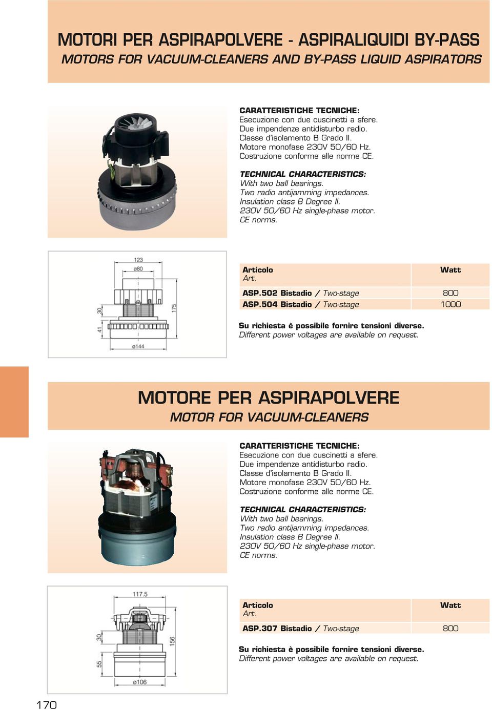 Insulation class Degree II. 230V 50/60 Hz single-phase motor. CE norms. Watt SP.502 istadio / Two-stage 800 SP.504 istadio / Two-stage 1000 Su richiesta è possibile fornire tensioni diverse.