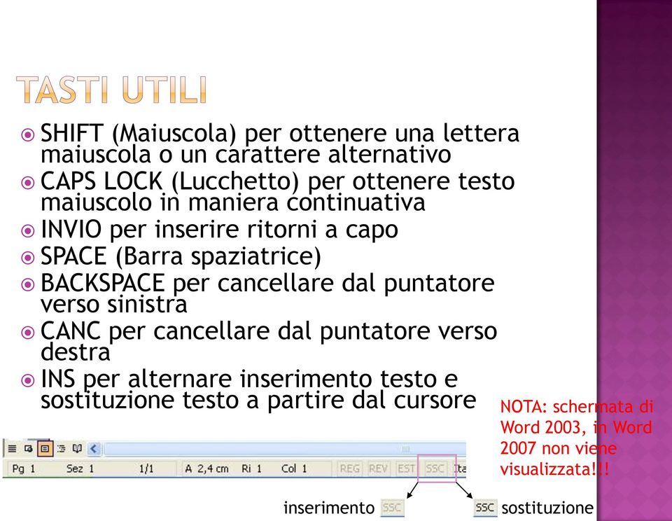 dal puntatore verso sinistra CANC per cancellare dal puntatore verso destra INS per alternare inserimento testo e