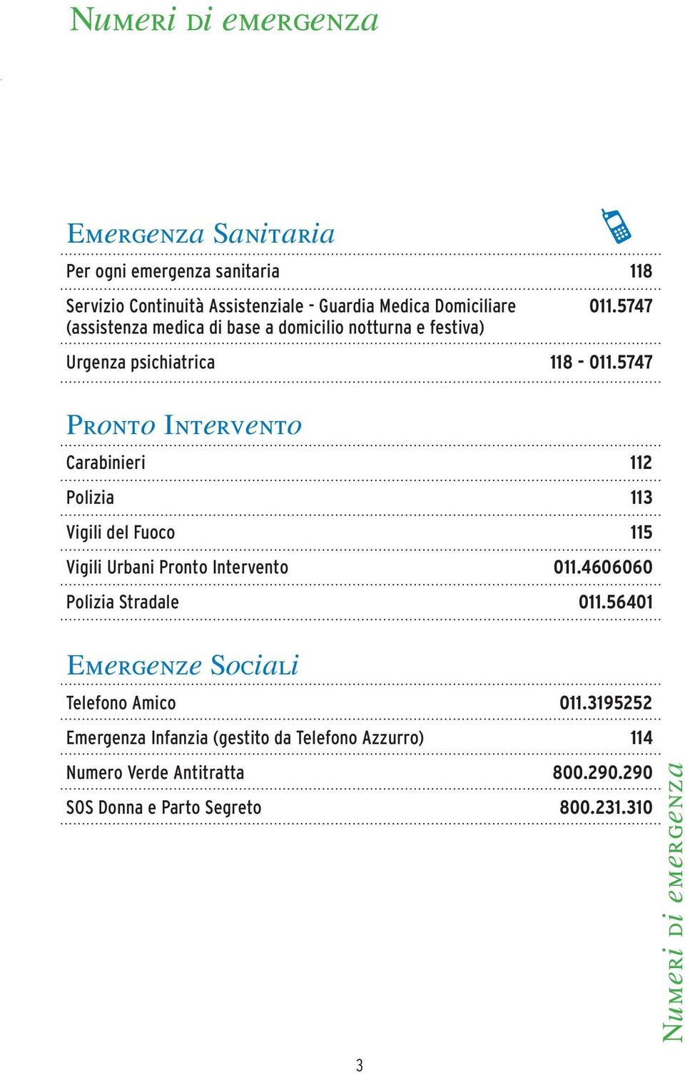 5747 Pronto Intervento Carabinieri 112 Polizia 113 Vigili del Fuoco 115 Vigili Urbani Pronto Intervento 011.4606060 Polizia Stradale 011.