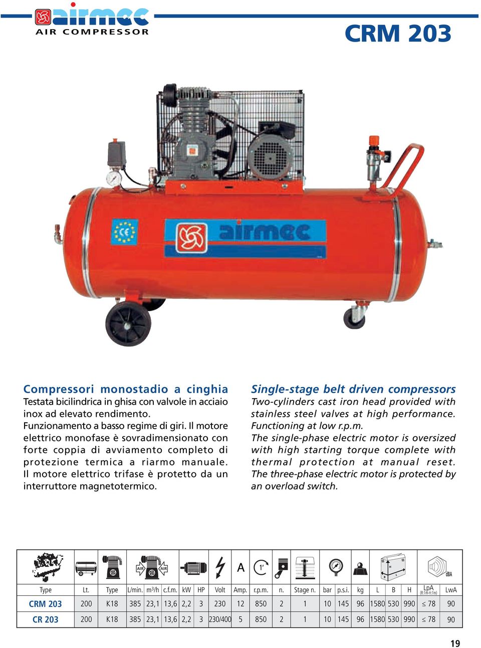 Il motore elettrico trifase è protetto da un interruttore magnetotermico. Single-stage belt driven compressors Two-cylinders cast iron head provided with stainless steel valves at high performance.