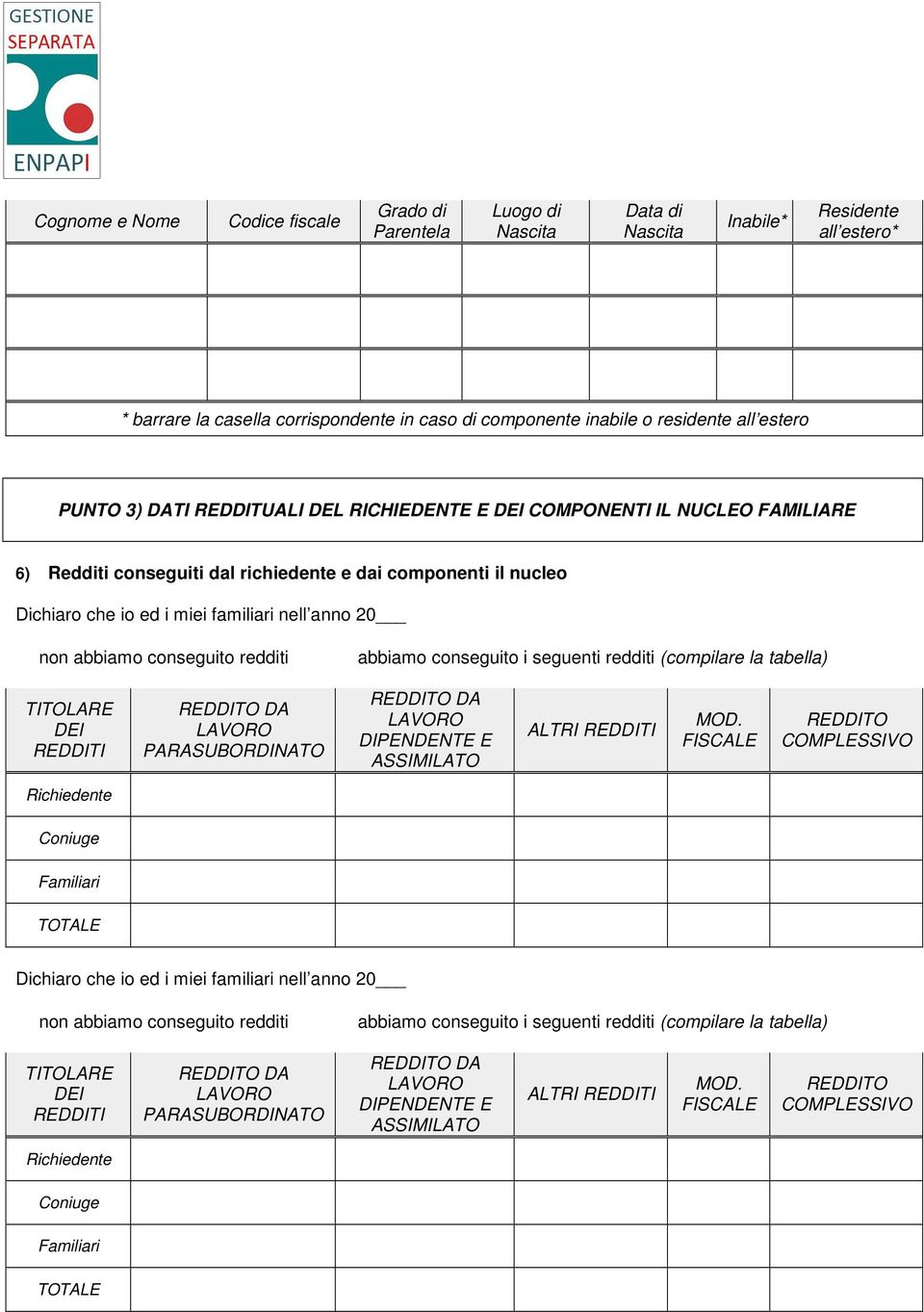 conseguito redditi abbiamo conseguito i seguenti redditi (compilare la tabella) TITOLARE DEI REDDITI PARASUBORDINATO DIPENDENTE E ASSIMILATO ALTRI REDDITI MOD.