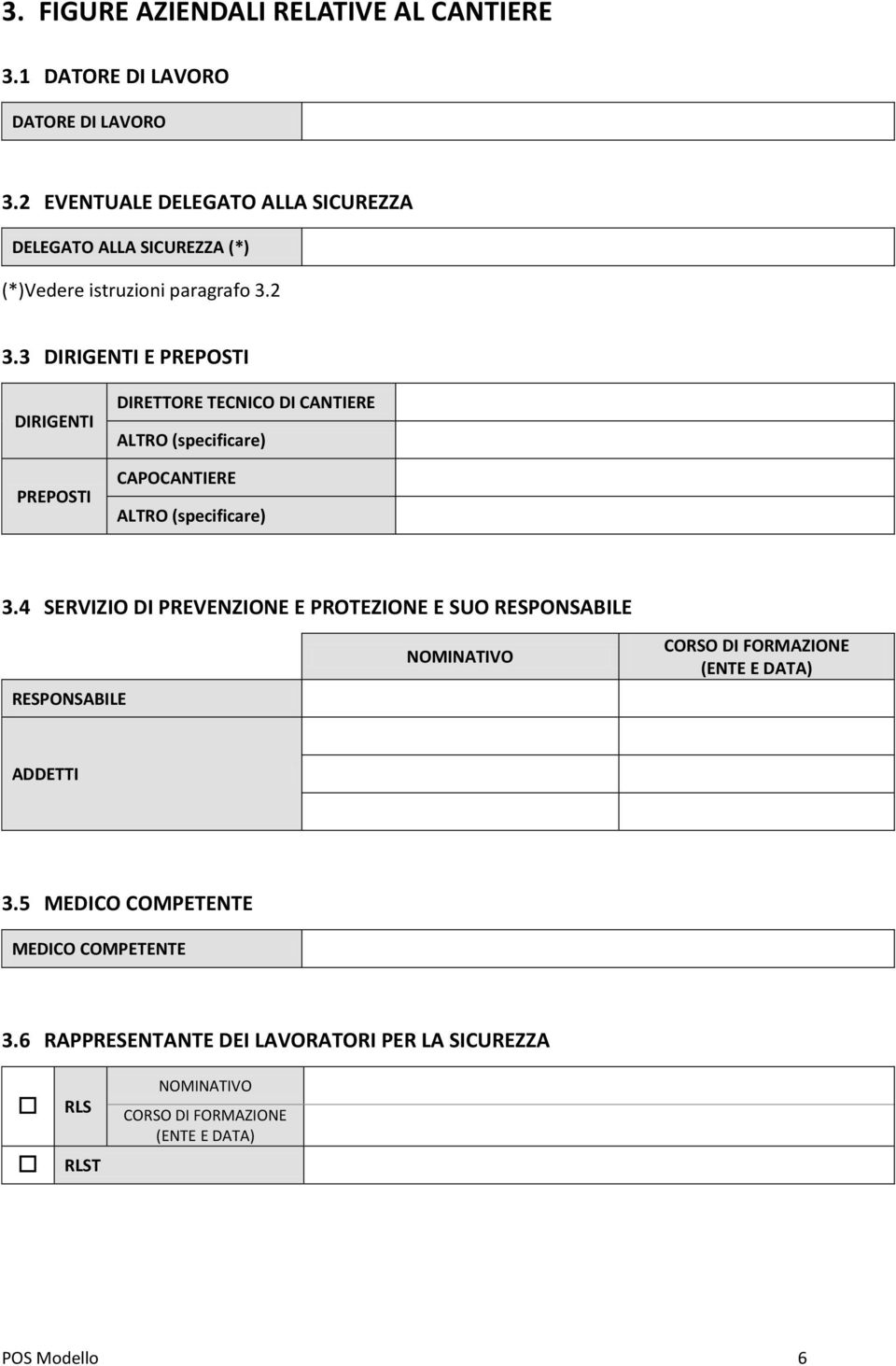 3 DIRIGENTI E PREPOSTI DIRIGENTI PREPOSTI DIRETTORE TECNICO DI CANTIERE ALTRO (specificare) CAPOCANTIERE ALTRO (specificare) 3.