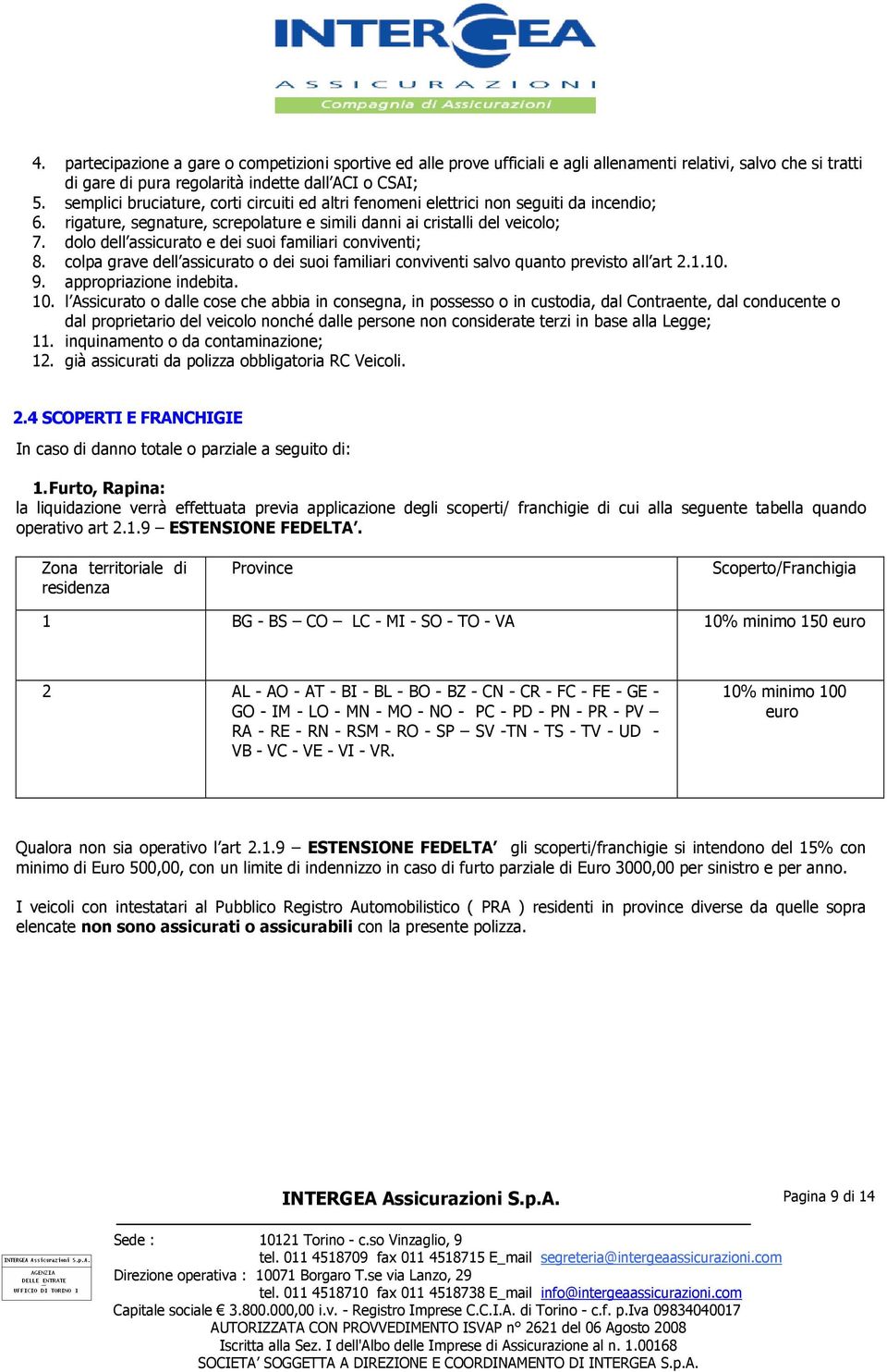 dolo dell assicurato e dei suoi familiari conviventi; 8. colpa grave dell assicurato o dei suoi familiari conviventi salvo quanto previsto all art 2.1.10. 9. appropriazione indebita. 10.