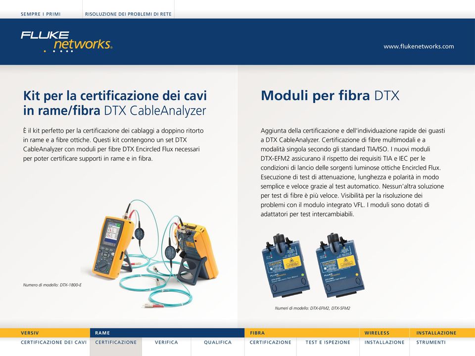 Aggiunta della certificazione e dell'individuazione rapide dei guasti a DTX CableAnalyzer. Certificazione di fibre multimodali e a modalità singola secondo gli standard TIA/ISO.