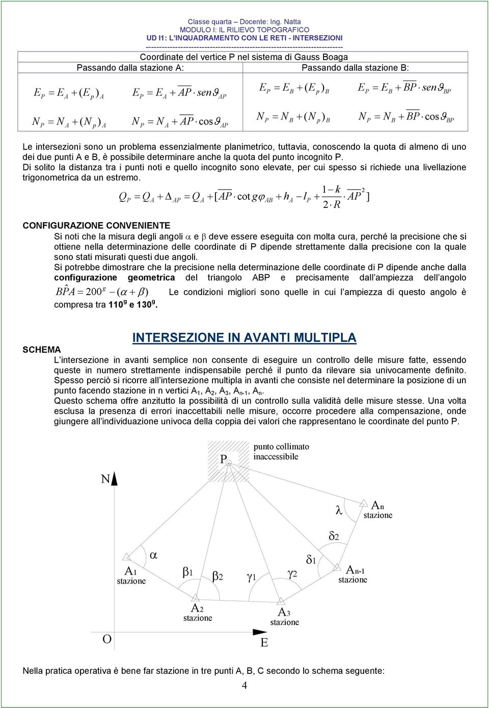 p E E + sen N N + ( N p N N + cos Le intersezioni sono un prolem essenzilmente plnimetrico, tuttvi, conoscendo l quot di lmeno di uno dei due punti e, è possiile determinre nche l quot del punto