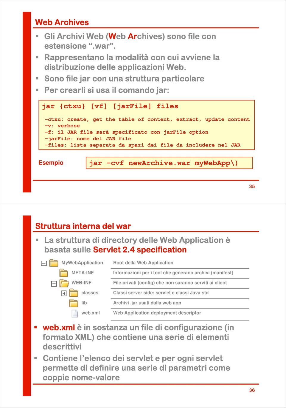 file sarà specificato con jarfile option -jarfile: nome del JAR file -files: lista separata da spazi dei file da includere nel JAR Esempio jar cvf newarchive.