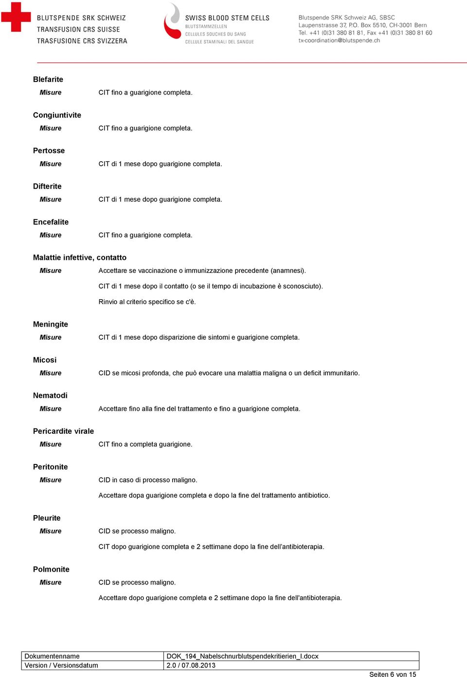 CIT di 1 mese dopo il contatto (o se il tempo di incubazione è sconosciuto). Rinvio al criterio specifico se c'è. Meningite CIT di 1 mese dopo disparizione die sintomi e guarigione completa.