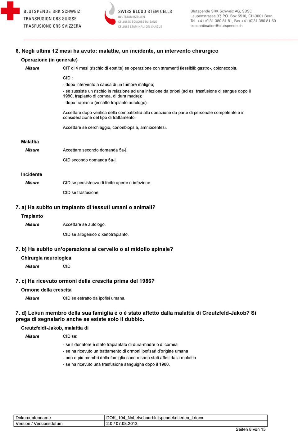 trasfusione di sangue dopo il 1980, trapianto di cornea, di dura madre); - dopo trapianto (eccetto trapianto autologo).