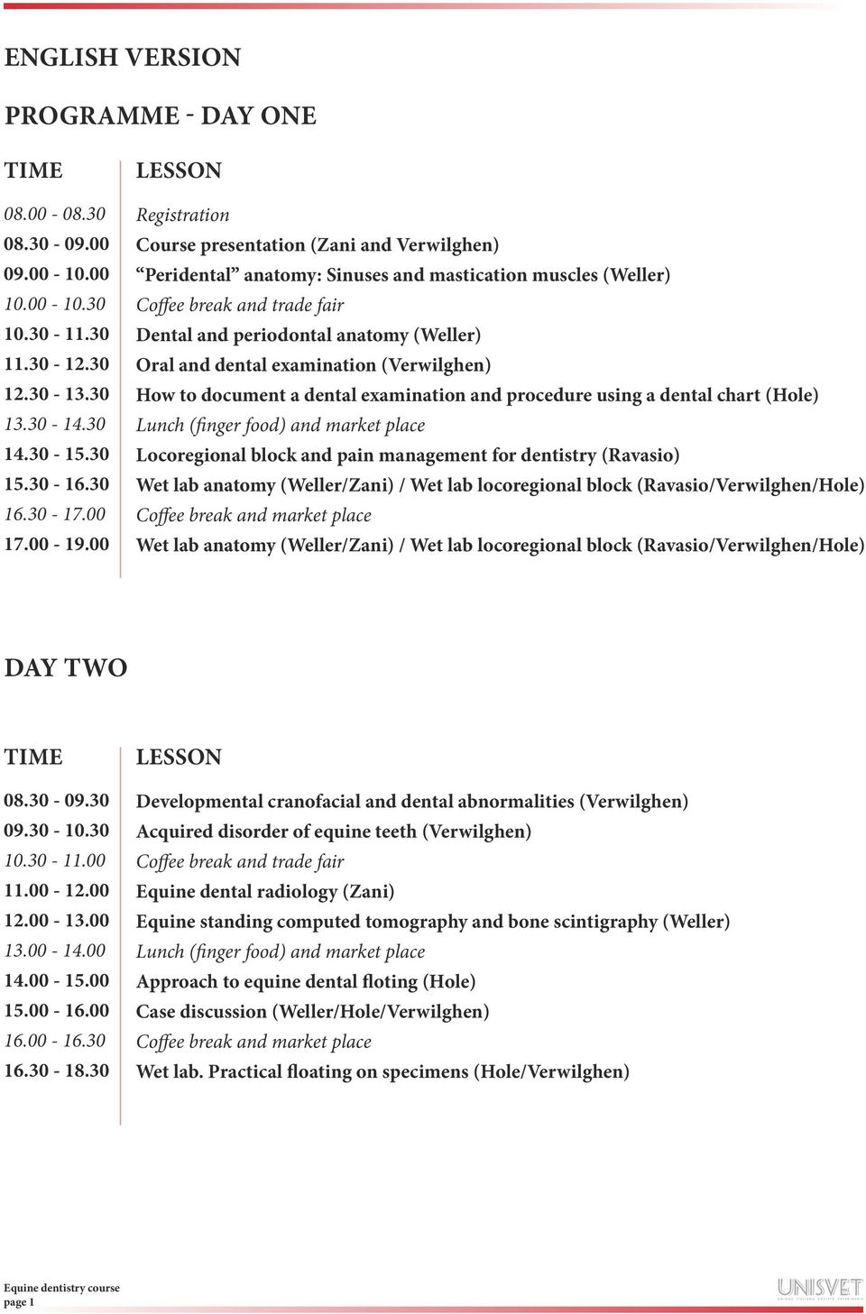 and dental examination (Verwilghen) How to document a dental examination and procedure using a dental chart (Hole) Lunch (finger food) and market place Locoregional block and pain management for