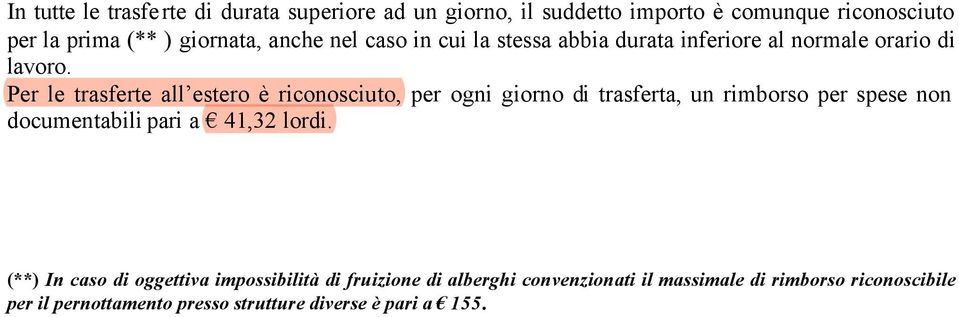 Per le trasferte all estero è riconosciuto, per ogni giorno di trasferta, un rimborso per spese non documentabili pari a 41,32