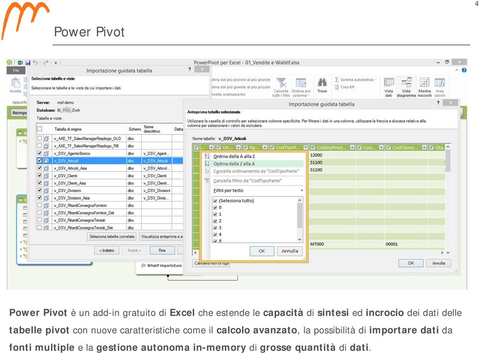 Power Pivot è un add-in gratuito di Excel che estende le capacità di sintesi ed incrocio dei dati delle tabelle pivot con